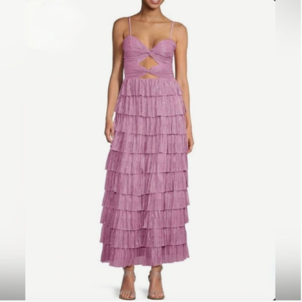 Gianni Bini Grace Metallic Plisse Sweetheart Neck Cut-Out Tiered Dress